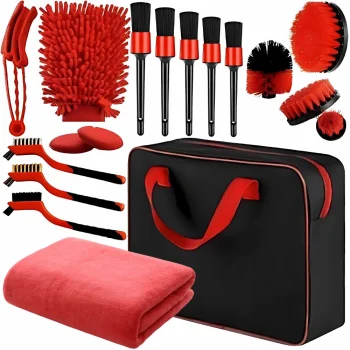 Car Detailing Cleaning Kit with Brushes, Pads and Bag, Red/Black
