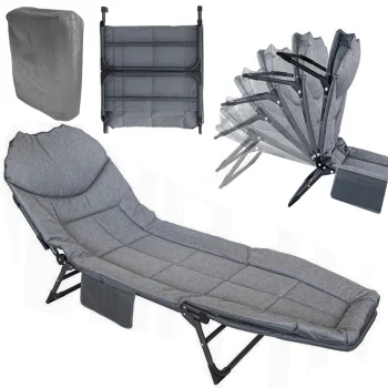 Folding Camping Bed with Mattress and Adjustable Backrest, 190x65 cm, Grey