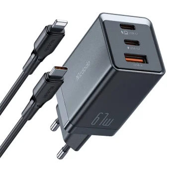 Mcdodo CH-1544 GaN Wall Charger 67W USB + 2x Type C + Charging Data Cable ( Type C to iPhone Apple Lightning ), Black