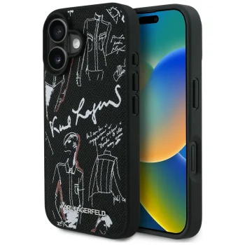 Karl Lagerfeld Grained Pattern & Logo MagSafe dėklas telefonui iPhone 16, juodas