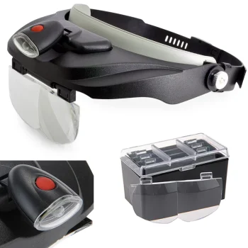 Head Magnifier with LED Light and 4 Interchangeable Lenses (up to 3.5x), Black