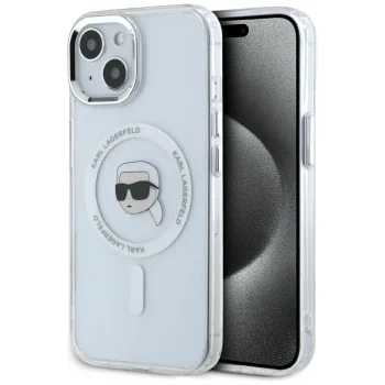Karl Lagerfeld IML Metal Karl Head MagSafe dėklas telefonui iPhone 15 Plus, baltas