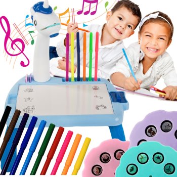 Children’s drawing projector with table, markers, blue