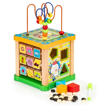 Wooden activity cube ECOTOYS with sorter, bead maze and chalkboard