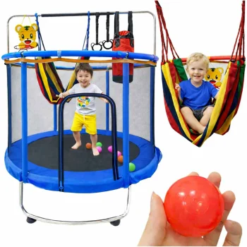 Kids Garden Trampoline with Enclosure Net, Basketball Hoop and Accessories, 155 cm, Blue