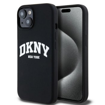 Apple iPhone 15 Plus 6.7'' DKNY Liquid Silicone White Printed Logo MagSafe Case Cover, Black