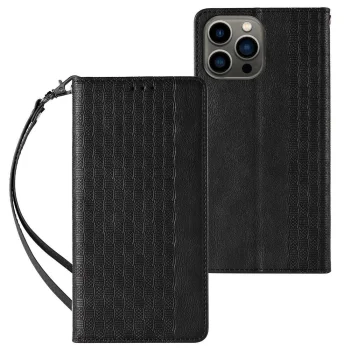 Atverčiamasis dėklas Samsung Galaxy S23+ Magnet Strap Case su stovu, juodas