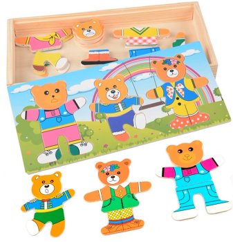 Wooden Bear Family Dress-Up Puzzle with Emotions 47 Pieces