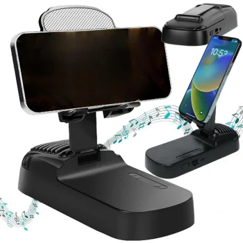 Telescopic Phone Stand with Bluetooth Speaker and Power Bank, Black
