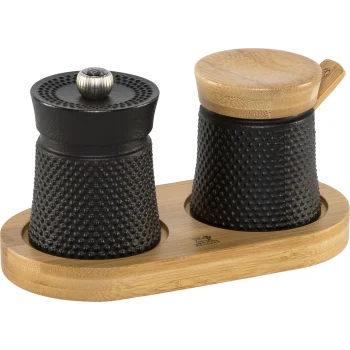 Peugeot Bali Fonte Pepper Mill and Salt Cellar Set with Tray 8cm Black