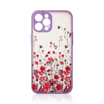 Dėklas iPhone 12 Pro Max Design Case su gėlių raštu, skaidrus ir violetinis