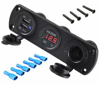 Waterproof 12V Socket Panel with Dual USB Charger and Voltmeter, Black