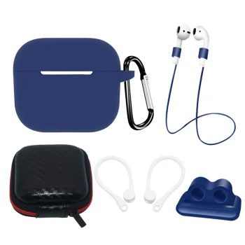 „AirPods 3“ silikoninio dėklo ir priedų rinkinys su karabinu, mėlynas