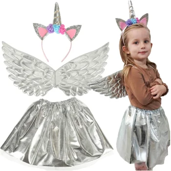 Kids Unicorn Carnival Costume with Skirt, Wings and Headband, Silver
