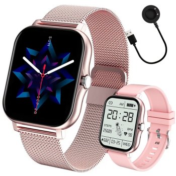 Smartwatch with Bluetooth Calls and Sports Modes, Rubber Strap, Pink