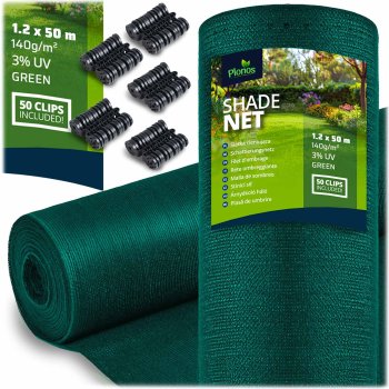 Plonos Shade Net 1.2x50 m 140 g/m² with 50 Clips, Green