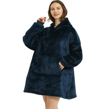 Warm hoodie blanket with hood and large pocket, blue