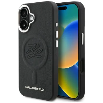 Karl Lagerfeld Initial & Metal Logo MagSafe dėklas iPhone 16, juodas