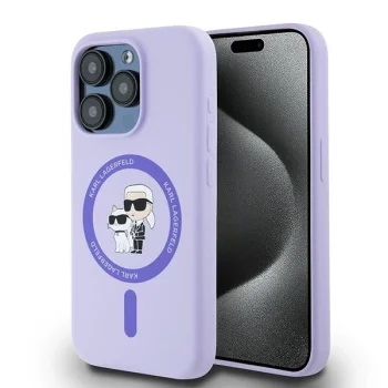 Karl Lagerfeld dėklas iPhone 15 Pro Silicone KC Heads Ring MagSafe, violetinis