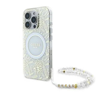Guess iPhone 16 Pro Case IML Flowers Allover Electro with Pearl Strap, White