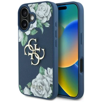 Guess Grained Roses Big 4G Logo dėklas iPhone 16, mėlynas