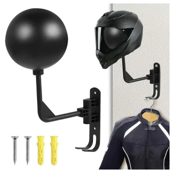 Wall-Mounted Motorcycle Helmet Holder with Hooks, Black