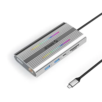 Orico XDR 12in1 USB-C Docking Station 2x HDMI DP 4K 60Hz RJ45 Gigabit PD 100W SD microSD - Silver