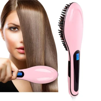 Electric Hair Straightener Brush with LCD Display, Pink