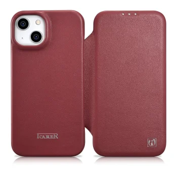 iCarer Leather Folio Case for iPhone 14 Plus with MagSafe, WMI14220715-RD, Red