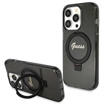 Guess iPhone 14 Pro Case Ring Stand Script Glitter MagSafe, Black