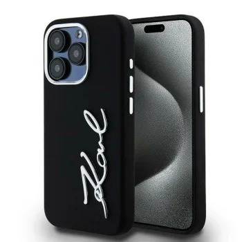 Karl Lagerfeld iPhone 15 Pro Max Case Silicone Metal Script Logo, Black