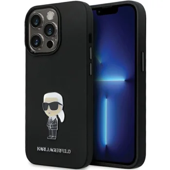 Karl Lagerfeld iPhone 14 Pro Case Silicone Ikonik Metal Pin, Black