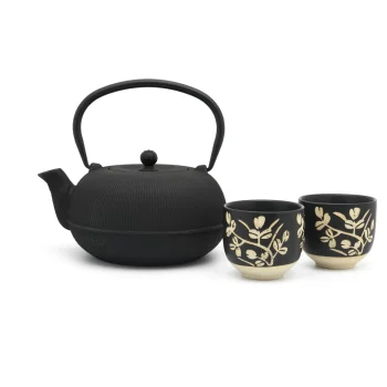 Bredemeijer Sichuan Tea Set 1.0L Cast Iron Teapot with 2 Mugs 153013, Black