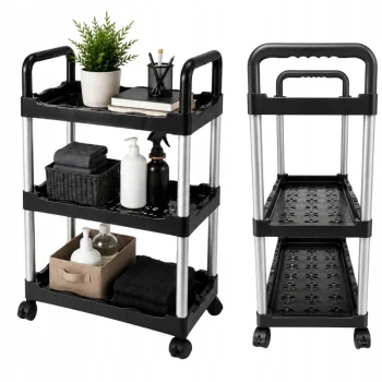 Mobile Storage Cart on Wheels, 3 Tiers, Black/Silver
