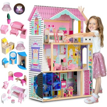 Wooden 3-storey Doll House with Elevator and LED Light
