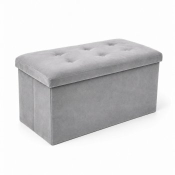Foldable Velour Pouf with Storage Box, Light Grey