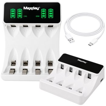 Maxday C704Y4 AA/AAA Battery Charger with LCD Display and USB-C, White