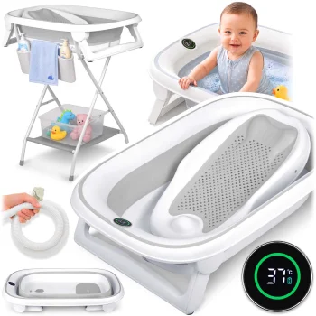 Nukido NK-279 Foldable Baby Bathtub with Stand and Thermometer, White/Grey