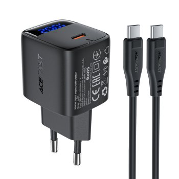USB-C Wall Charger Acefast A113 GaN PD 20W with Display & Cable Black
