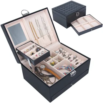 Jewelry Box Organizer with Mirror and Key, Black