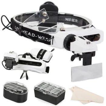 Head Magnifier with 2 LED Lights and 8 Interchangeable Lenses (up to 28x), Black/White