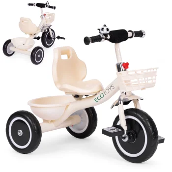 ECOTOYS Kids Tricycle with Baskets and Bell, Beige