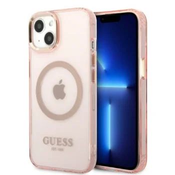 Apple iPhone 13 6.1'' Guess Gold Outline Translucent MagSafe Case Cover, Pink
