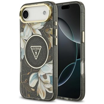 Guess IML Glitter Flowers Triangle MagSafe Case for iPhone Air, Black