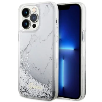 Guess iPhone 14 Pro Max Case Liquid Glitter Marble, White