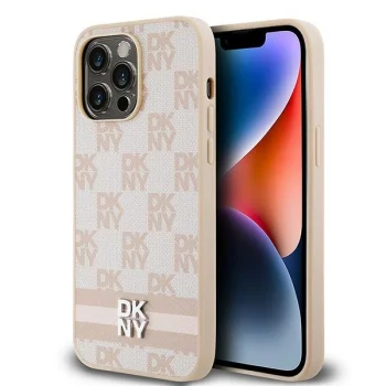 DKNY iPhone 14 Pro Max Case Checkered Mono Pattern & Printed Stripes, Pink