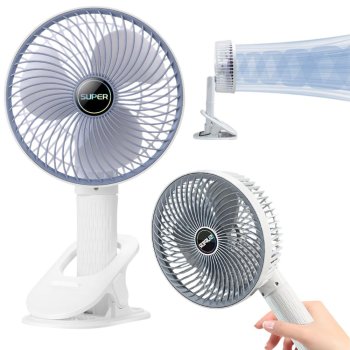 Bezvadu galda ventilators ar klipsi, 3 ātrumi, balts-pelēks