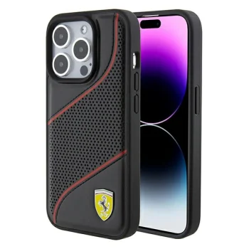 Ferrari iPhone 15 Pro Case Perforated Waves Metal Logo, Black