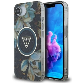 Guess IML Metal Glitter Flowers Triangle MagSafe Case for iPhone 16e, Black
