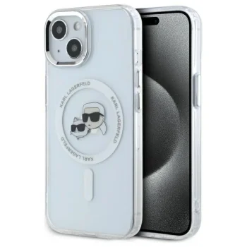 Karl Lagerfeld IML Metal Karl&Choupette Head MagSafe dėklas telefonui iPhone 15, Baltas
